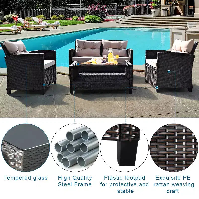 Costway 4-teiliges Outdoor-Rattan-Garnitur gepolstertes Sofa Armlehnentisch