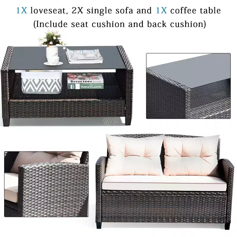Costway 4-teiliges Outdoor-Rattan-Garnitur gepolstertes Sofa Armlehnentisch