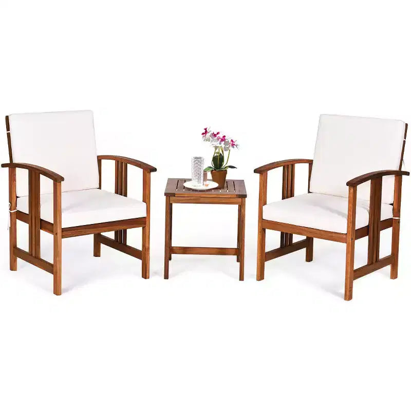 Costway 3-teilige Outdoor-Garten-Sofagarnitur Massivholz gepolstert Gesprächs-Set Weiß