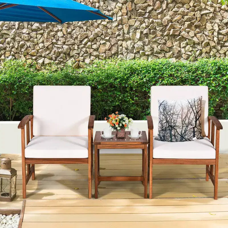 Costway 3-teilige Outdoor-Garten-Sofagarnitur Massivholz gepolstert Gesprächs-Set Weiß