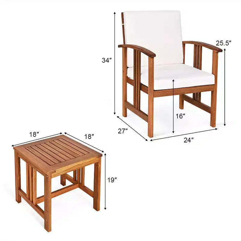 Costway 3-teilige Outdoor-Garten-Sofagarnitur Massivholz gepolstert Gesprächs-Set Weiß