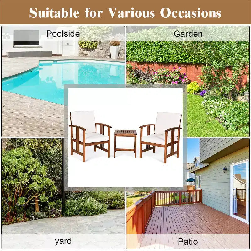 Costway 3-teilige Outdoor-Garten-Sofagarnitur Massivholz gepolstert Gesprächs-Set Weiß