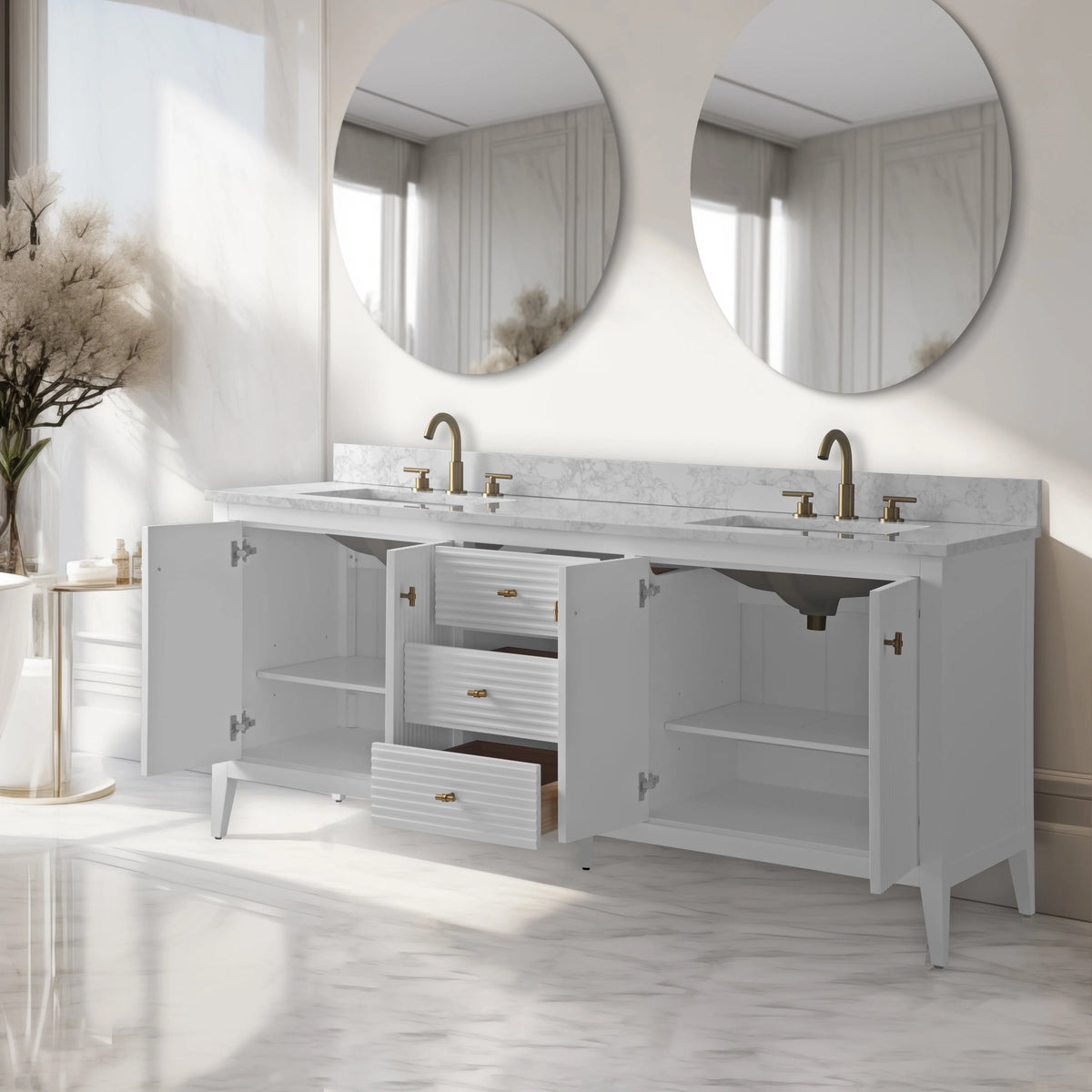 Vanity Art 72 Zoll Badezimmer-Waschtischunterschrank mit Doppelwaschbecken und Kunstmarmorplatte
