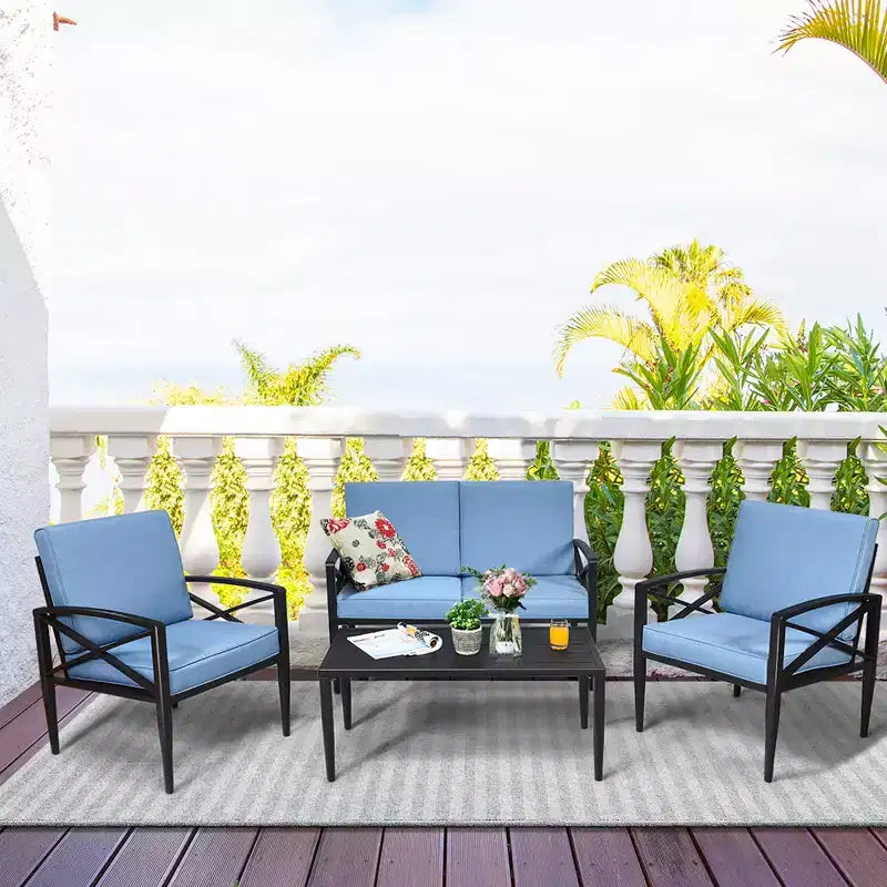 Costway 8-teilige Terrassenmöbelgarnitur mit Aluminiumrahmen, gepolstertem Sofa, Sessel und Couchtisch, Blau