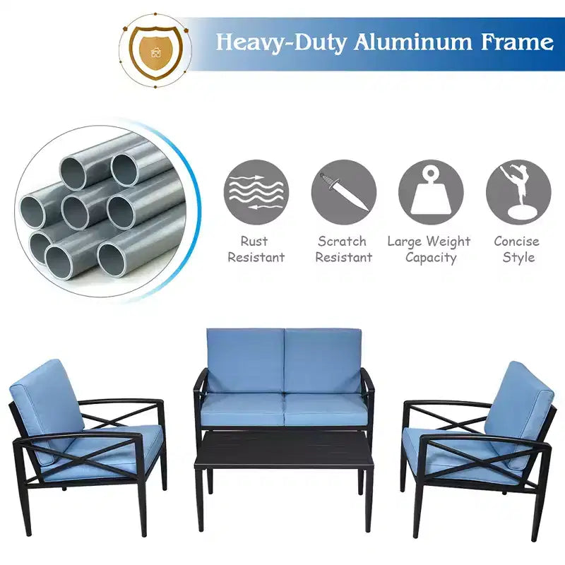 Costway 8-teilige Terrassenmöbelgarnitur mit Aluminiumrahmen, gepolstertem Sofa, Sessel und Couchtisch, Blau