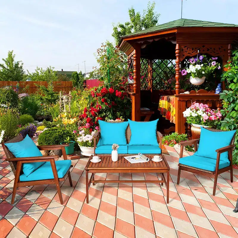 Costway 8-teiliges Terrassenmöbel-Set aus Rattan mit Akazienholzrahmen, gepolstertes Sofa, Stuhl, Türkis
