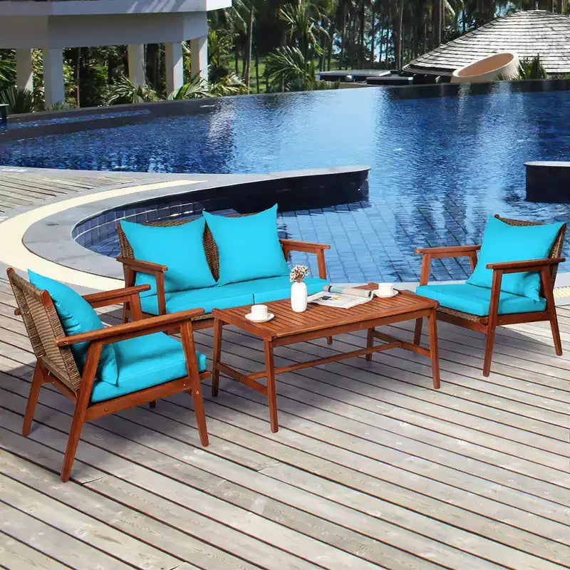 Costway 8-teiliges Terrassenmöbel-Set aus Rattan mit Akazienholzrahmen, gepolstertes Sofa, Stuhl, Türkis
