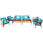 Costway 8-teiliges Terrassenmöbel-Set aus Rattan mit Akazienholzrahmen, gepolstertes Sofa, Stuhl, Türkis