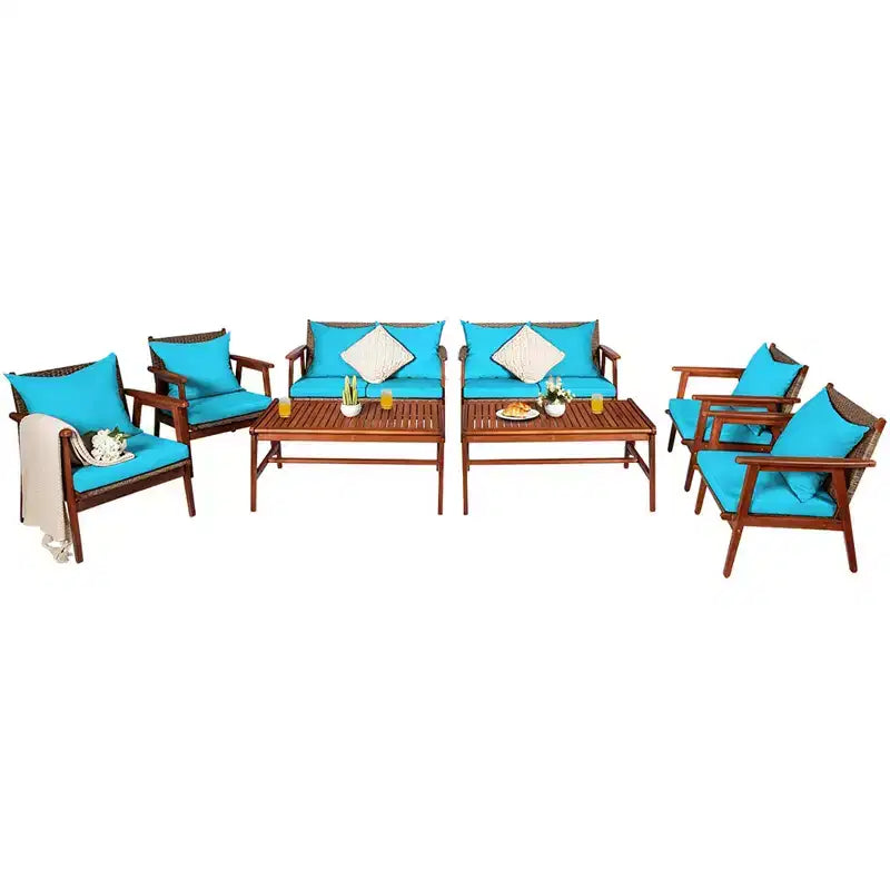 Costway 8-teiliges Terrassenmöbel-Set aus Rattan mit Akazienholzrahmen, gepolstertes Sofa, Stuhl, Türkis