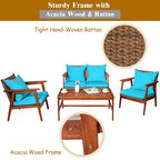 Costway 8-teiliges Terrassenmöbel-Set aus Rattan mit Akazienholzrahmen, gepolstertes Sofa, Stuhl, Türkis
