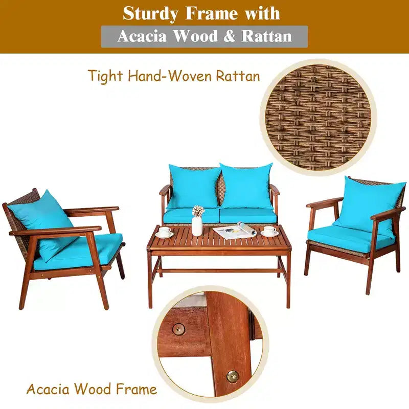 Costway 8-teiliges Terrassenmöbel-Set aus Rattan mit Akazienholzrahmen, gepolstertes Sofa, Stuhl, Türkis