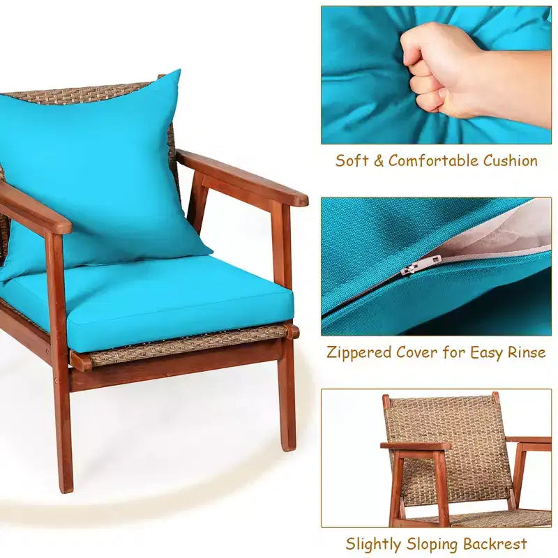 Costway 8-teiliges Terrassenmöbel-Set aus Rattan mit Akazienholzrahmen, gepolstertes Sofa, Stuhl, Türkis