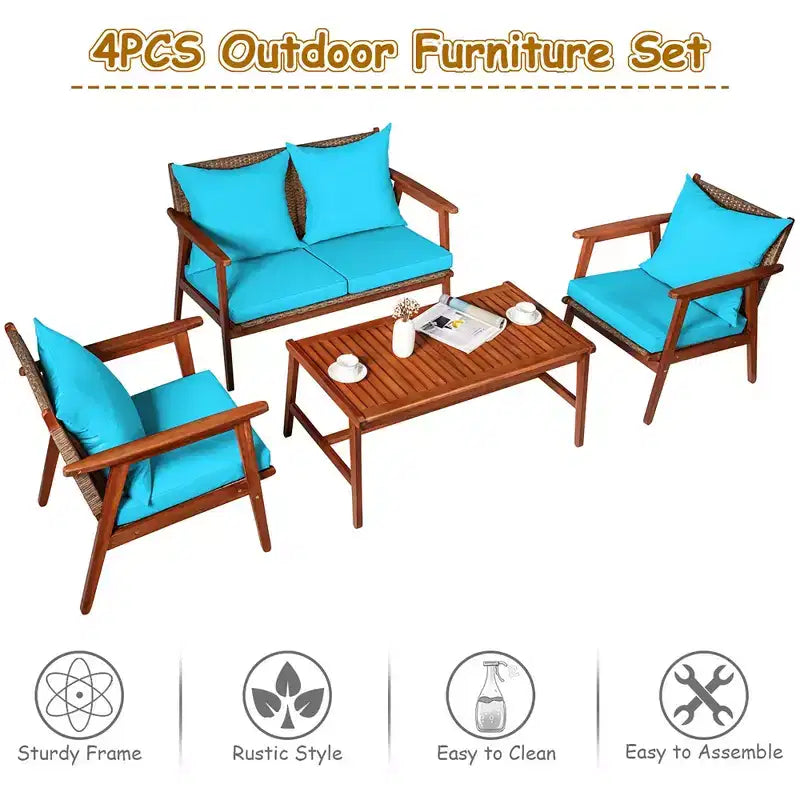Costway 8-teiliges Terrassenmöbel-Set aus Rattan mit Akazienholzrahmen, gepolstertes Sofa, Stuhl, Türkis