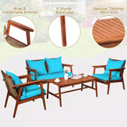 Costway 8-teiliges Terrassenmöbel-Set aus Rattan mit Akazienholzrahmen, gepolstertes Sofa, Stuhl, Türkis