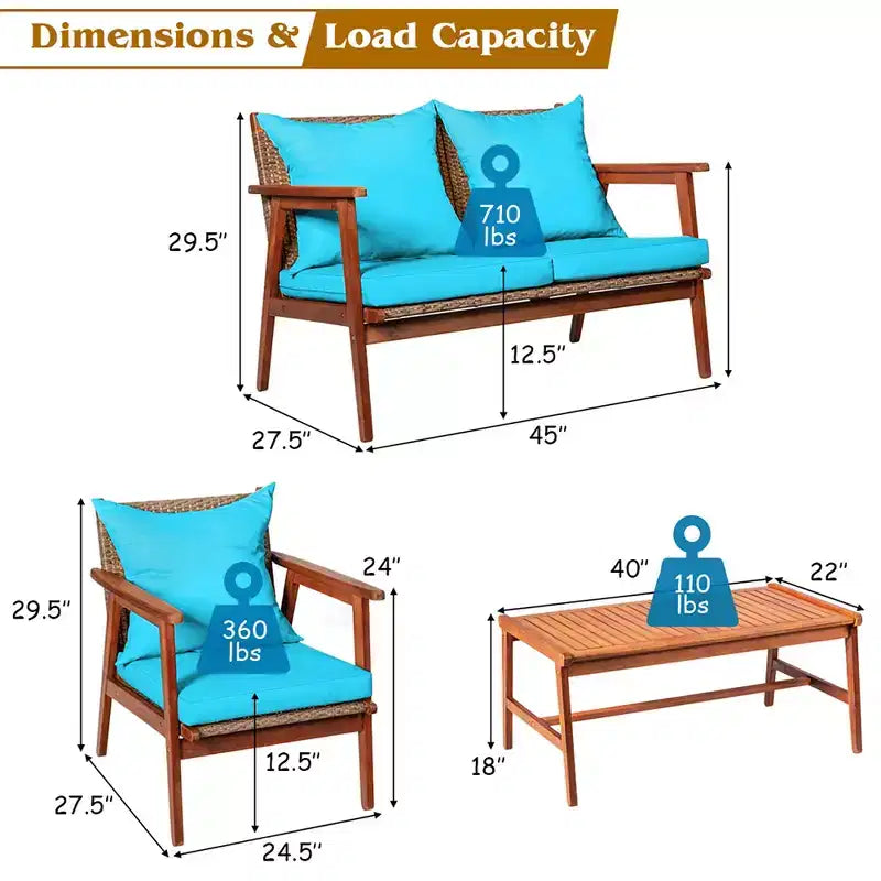 Costway 8-teiliges Terrassenmöbel-Set aus Rattan mit Akazienholzrahmen, gepolstertes Sofa, Stuhl, Türkis