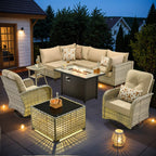 OVIOS 9-teiliges Gartenmöbel-Set aus Korbsessel und Feuertisch