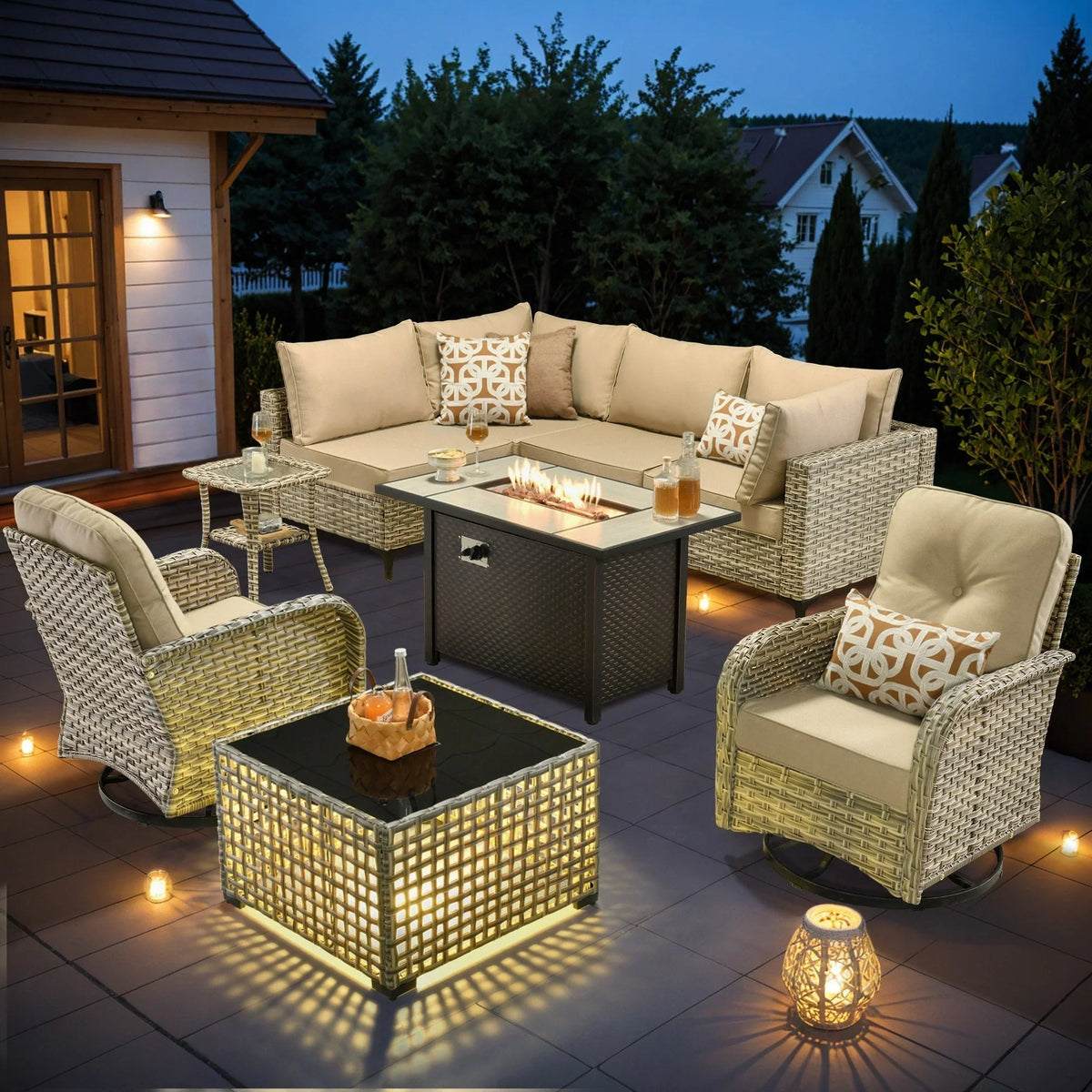 OVIOS 9-teiliges Gartenmöbel-Set aus Korbsessel und Feuertisch