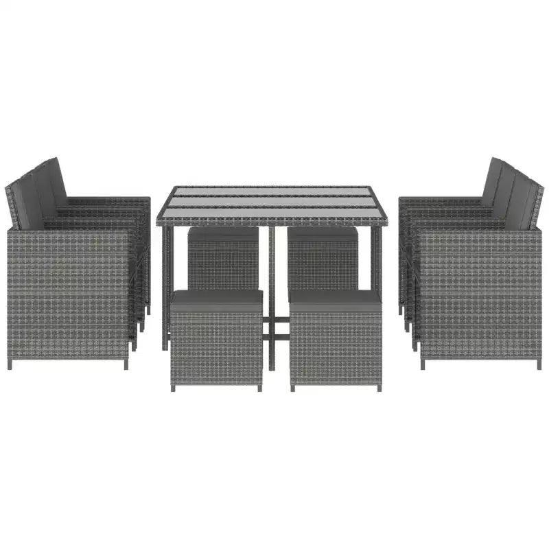 Outsunny 11-teilige Terrassen-Essgruppe Outdoor-Rattan-Gartenmöbel-Set mit platzsparenden Stühlen, Glastisch und Kissen