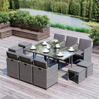 Outsunny 11-teilige Terrassen-Essgruppe Outdoor-Rattan-Gartenmöbel-Set mit platzsparenden Stühlen, Glastisch und Kissen