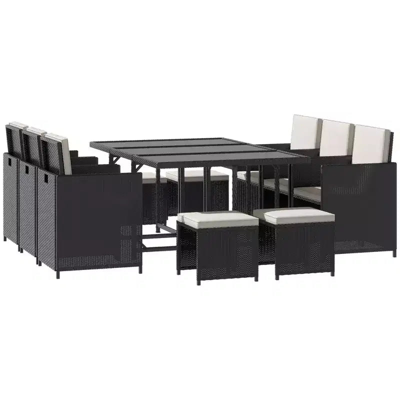 Outsunny 11 PCS Patio Dining Set Outdoor Rattan Wicker Furniture Set with Space Saving Chairs, Glass Top Table and Cushion