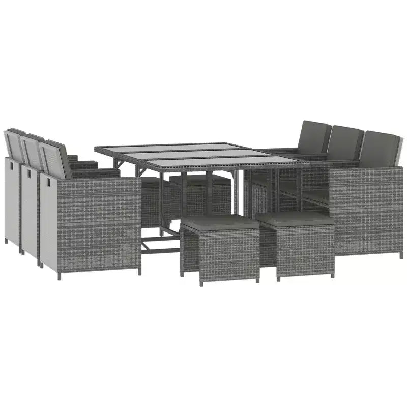 Outsunny 11-teilige Terrassen-Essgruppe Outdoor-Rattan-Gartenmöbel-Set mit platzsparenden Stühlen, Glastisch und Kissen