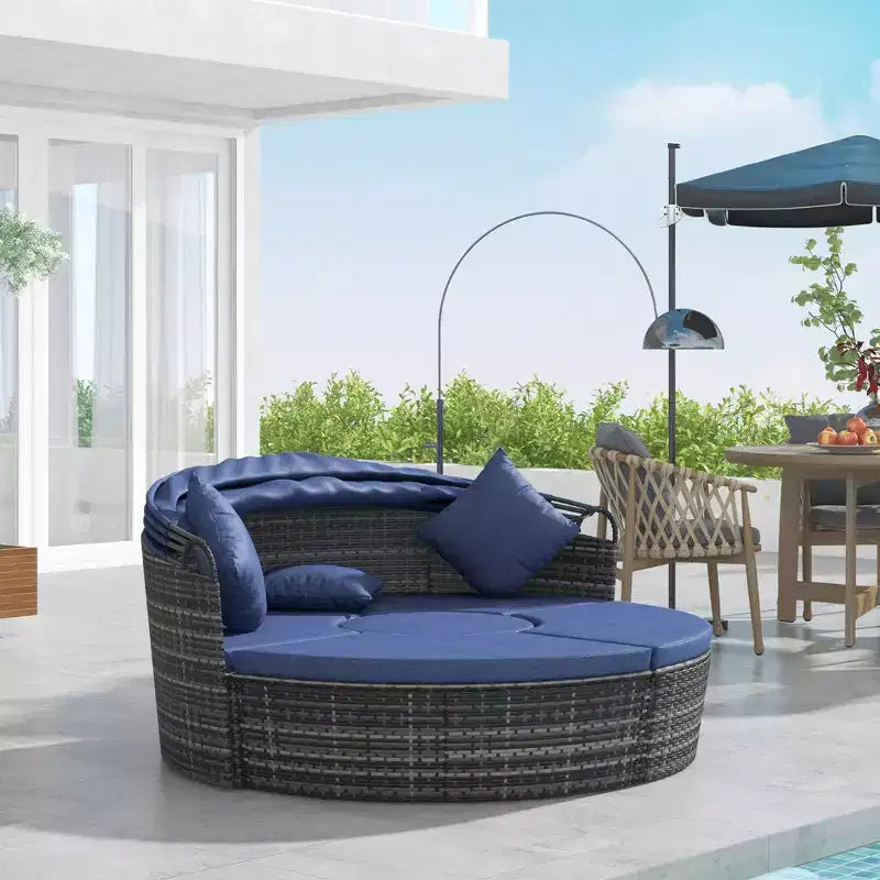 Outsunny Rundes Tagesbett, 4-teiliges Outdoor-Gartenmöbelset aus Rattan mit Kissen, Sonnenliege oder Konversationssofa-Set mit Sonnendach