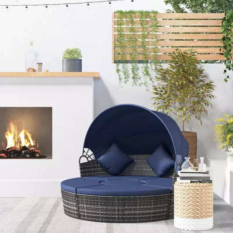 Outsunny Rundes Tagesbett, 4-teiliges Outdoor-Gartenmöbelset aus Rattan mit Kissen, Sonnenliege oder Konversationssofa-Set mit Sonnendach
