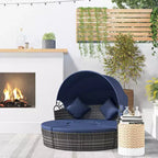 Outsunny Rundes Tagesbett, 4-teiliges Outdoor-Gartenmöbelset aus Rattan mit Kissen, Sonnenliege oder Konversationssofa-Set mit Sonnendach