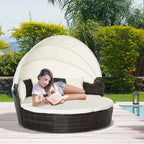 Outsunny Rundes Tagesbett, 4-teiliges Outdoor-Gartenmöbelset aus Rattan mit Kissen, Sonnenliege oder Konversationssofa-Set mit Sonnendach