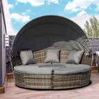 Outsunny Rundes Tagesbett, 4-teiliges Outdoor-Gartenmöbelset aus Rattan mit Kissen, Sonnenliege oder Konversationssofa-Set mit Sonnendach