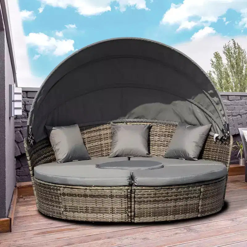 Outsunny Rundes Tagesbett, 4-teiliges Outdoor-Gartenmöbelset aus Rattan mit Kissen, Sonnenliege oder Konversationssofa-Set mit Sonnendach