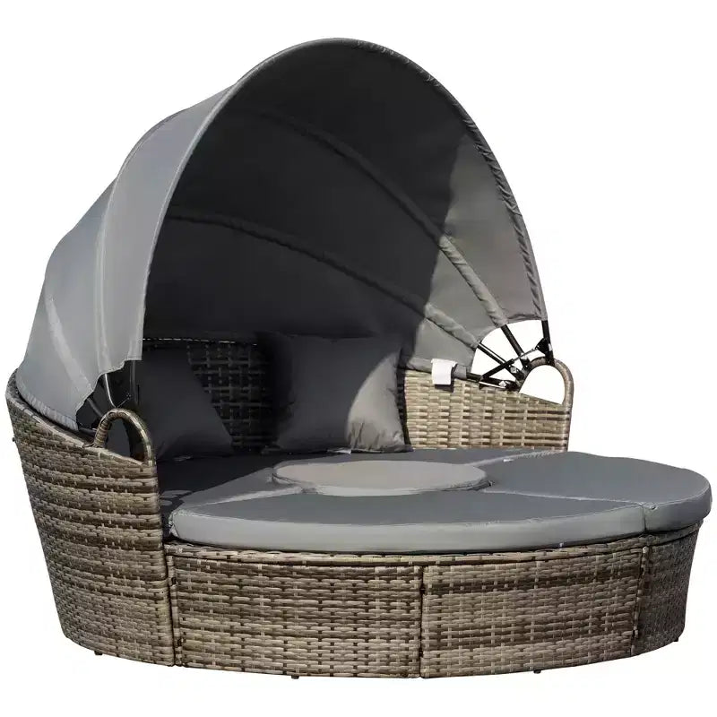 Outsunny Rundes Tagesbett, 4-teiliges Outdoor-Gartenmöbelset aus Rattan mit Kissen, Sonnenliege oder Konversationssofa-Set mit Sonnendach