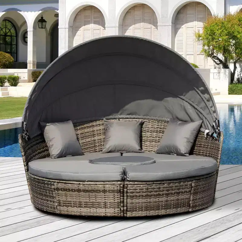 Outsunny Rundes Tagesbett, 4-teiliges Outdoor-Gartenmöbelset aus Rattan mit Kissen, Sonnenliege oder Konversationssofa-Set mit Sonnendach
