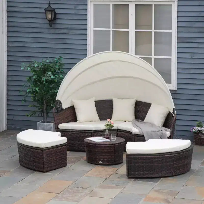 Outsunny Rundes Tagesbett, 4-teiliges Outdoor-Gartenmöbelset aus Rattan mit Kissen, Sonnenliege oder Konversationssofa-Set mit Sonnendach