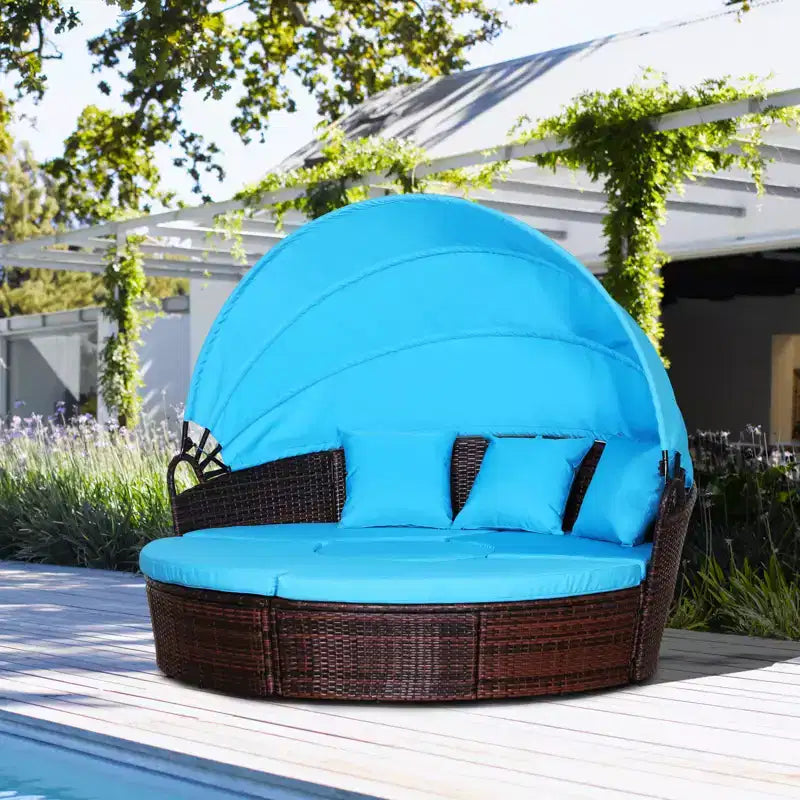 Outsunny Rundes Tagesbett, 4-teiliges Outdoor-Gartenmöbelset aus Rattan mit Kissen, Sonnenliege oder Konversationssofa-Set mit Sonnendach