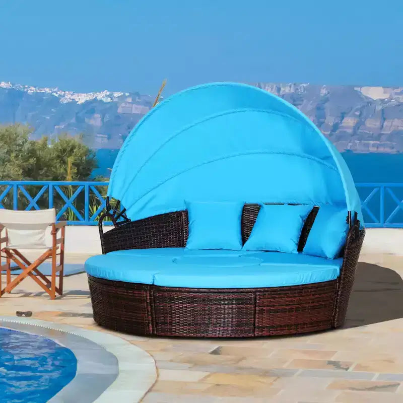 Outsunny Rundes Tagesbett, 4-teiliges Outdoor-Gartenmöbelset aus Rattan mit Kissen, Sonnenliege oder Konversationssofa-Set mit Sonnendach