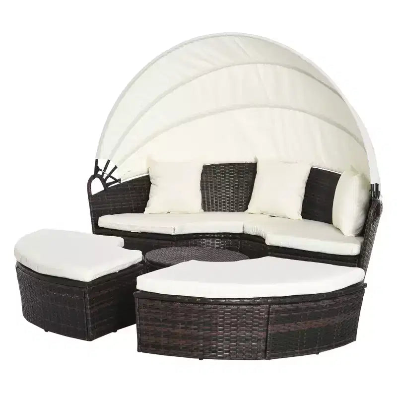 Outsunny Rundes Tagesbett, 4-teiliges Outdoor-Gartenmöbelset aus Rattan mit Kissen, Sonnenliege oder Konversationssofa-Set mit Sonnendach