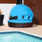 Outsunny Rundes Tagesbett, 4-teiliges Outdoor-Gartenmöbelset aus Rattan mit Kissen, Sonnenliege oder Konversationssofa-Set mit Sonnendach