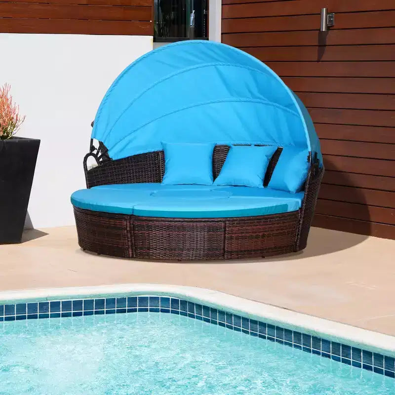 Outsunny Rundes Tagesbett, 4-teiliges Outdoor-Gartenmöbelset aus Rattan mit Kissen, Sonnenliege oder Konversationssofa-Set mit Sonnendach