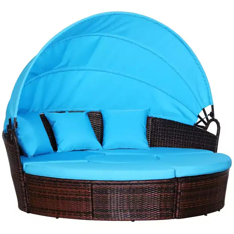 Outsunny Rundes Tagesbett, 4-teiliges Outdoor-Gartenmöbelset aus Rattan mit Kissen, Sonnenliege oder Konversationssofa-Set mit Sonnendach