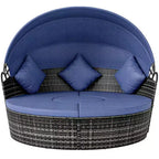 Outsunny Rundes Tagesbett, 4-teiliges Outdoor-Gartenmöbelset aus Rattan mit Kissen, Sonnenliege oder Konversationssofa-Set mit Sonnendach
