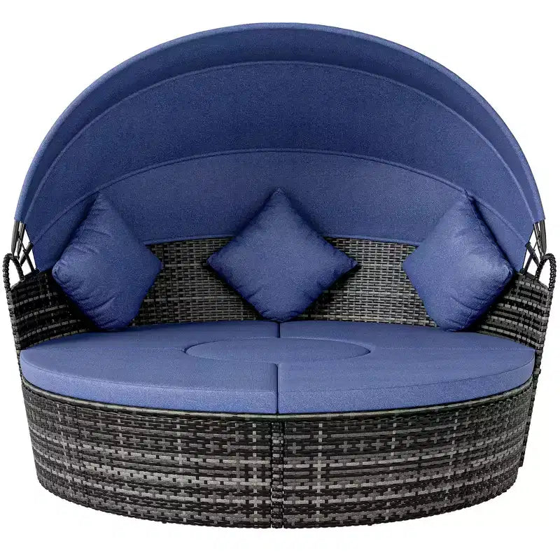 Outsunny Rundes Tagesbett, 4-teiliges Outdoor-Gartenmöbelset aus Rattan mit Kissen, Sonnenliege oder Konversationssofa-Set mit Sonnendach