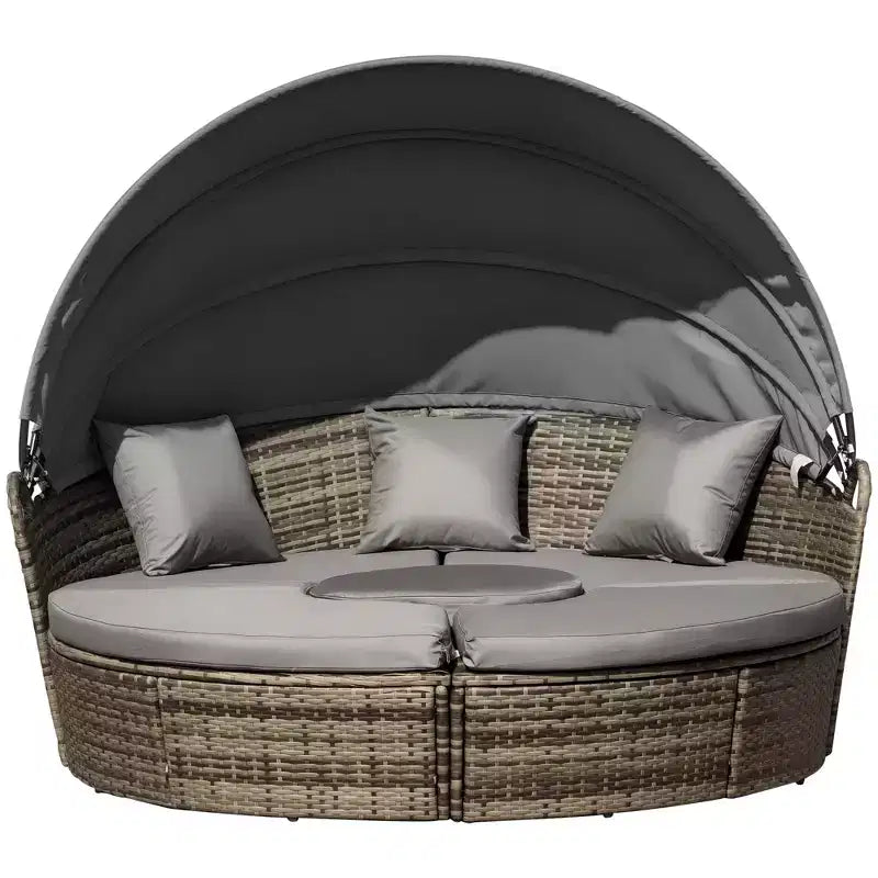 Outsunny Rundes Tagesbett, 4-teiliges Outdoor-Gartenmöbelset aus Rattan mit Kissen, Sonnenliege oder Konversationssofa-Set mit Sonnendach