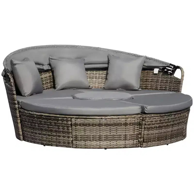 Outsunny Rundes Tagesbett, 4-teiliges Outdoor-Gartenmöbelset aus Rattan mit Kissen, Sonnenliege oder Konversationssofa-Set mit Sonnendach