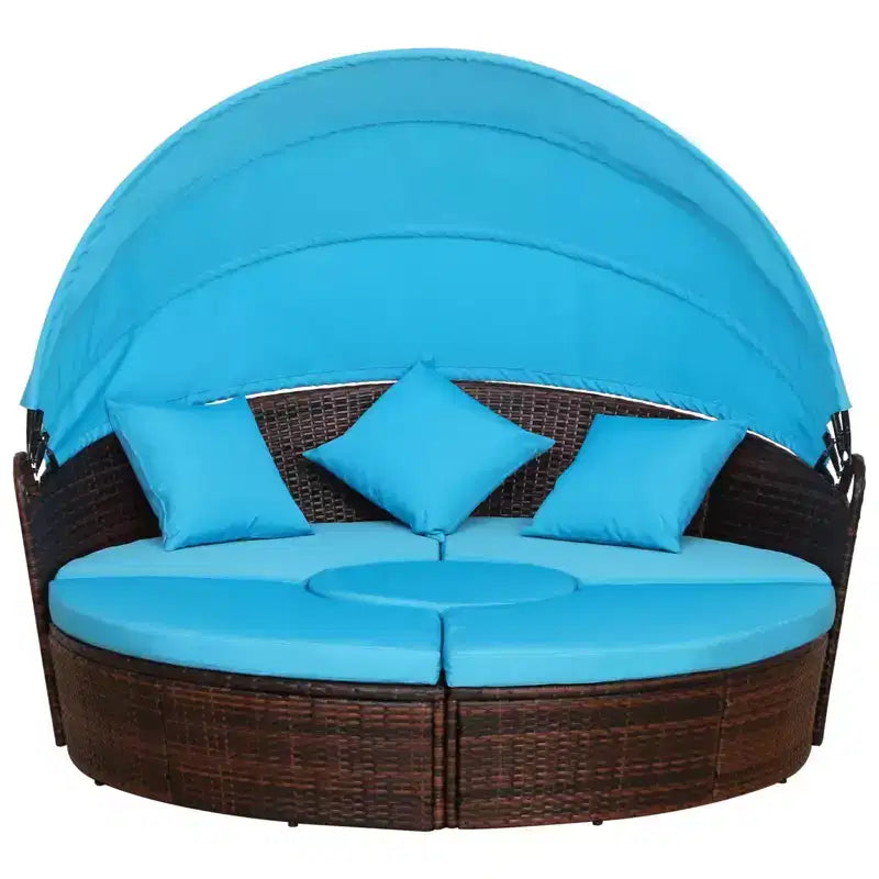 Outsunny Rundes Tagesbett, 4-teiliges Outdoor-Gartenmöbelset aus Rattan mit Kissen, Sonnenliege oder Konversationssofa-Set mit Sonnendach