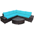 Costway 6-teiliges Rattanmöbel-Set, Sofa mit Kissen, Armlehne, Gartenmöbel, Türkis/Weiß