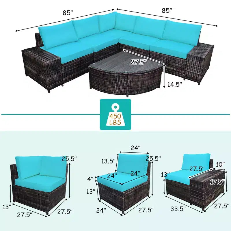 Costway 6-teiliges Rattanmöbel-Set, Sofa mit Kissen, Armlehne, Gartenmöbel, Türkis/Weiß