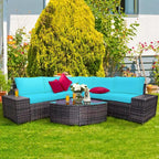 Costway 6-teiliges Rattanmöbel-Set, Sofa mit Kissen, Armlehne, Gartenmöbel, Türkis/Weiß