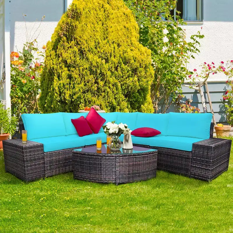 Costway 6-teiliges Rattanmöbel-Set, Sofa mit Kissen, Armlehne, Gartenmöbel, Türkis/Weiß