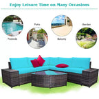 Costway 6-teiliges Rattanmöbel-Set, Sofa mit Kissen, Armlehne, Gartenmöbel, Türkis/Weiß